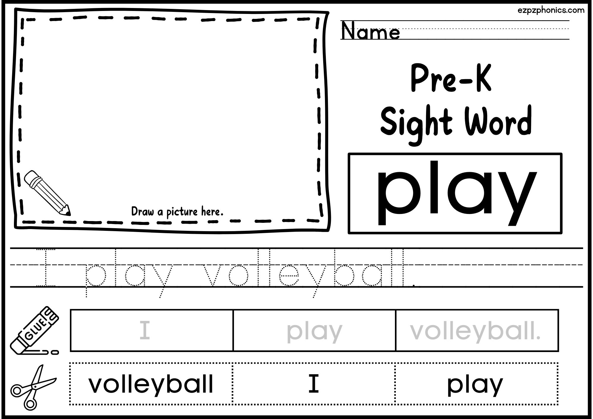 Play Dolch Sight Word Activity. Draw, Color, Cut and Paste, and Word Tracing.